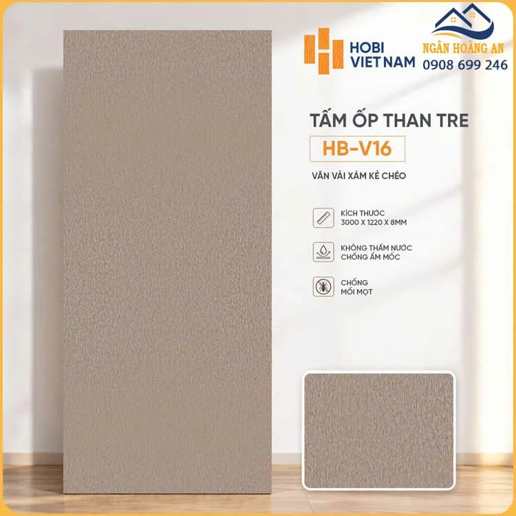 Tấm Ốp Tường Than Tre HobiWood HB-V16 Vân Vải Xám Kẻ Chéo