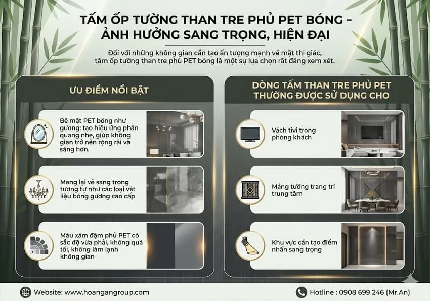 Tấm Ốp Tường Than Tre Phủ PET Bóng – Ảnh Hưởng Sang Trọng, Hiện Đại
