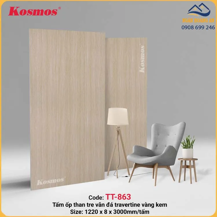 Tấm Ốp Tường Than Tre Vân Đá Travertime Vàng Kem Kosmos TT-863 Tấm Ốp Tường Than Tre Vân Đá Travertime Vàng Kem Kosmos TT-863