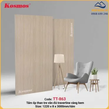 Tấm Ốp Tường Than Tre Vân Đá Travertime Vàng Kem Kosmos TT-863