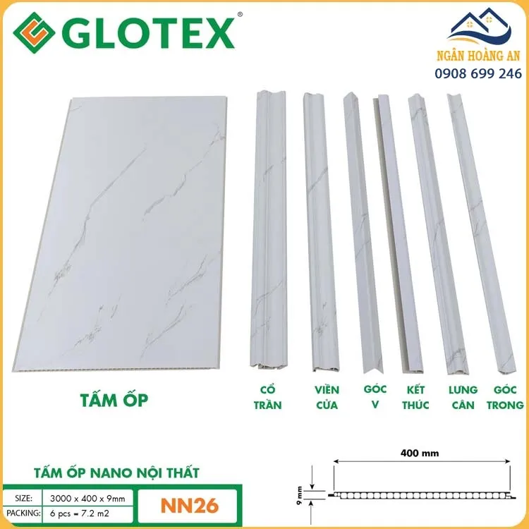 Tấm Ốp Tường Trần Nano Glotex 9mm NN26 Vân Đá Marble Trắng