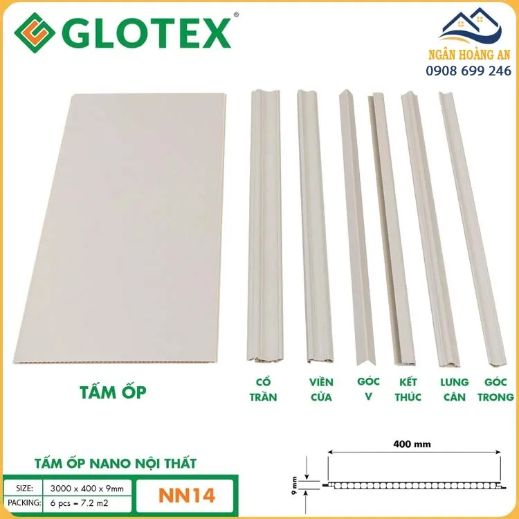 Tấm Ốp Tường Trần Nano Glotex NN14 9mm Vân Trơn Trắng Kem Tấm Ốp Tường Trần Nano Glotex NN14 9mm Vân Trơn Trắng Kem