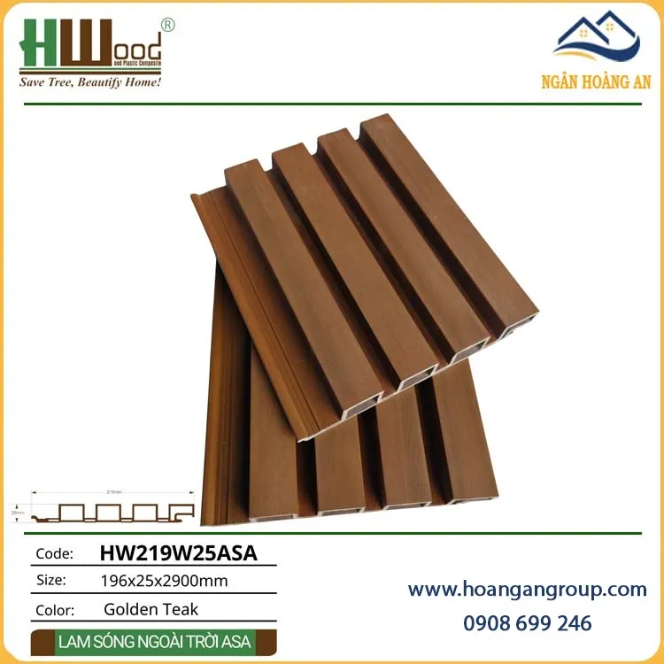 Tấm Ốp Vách Lam Sóng Ngoài Trời Phủ ASA Hwood HW219W25ASA Golden Teak