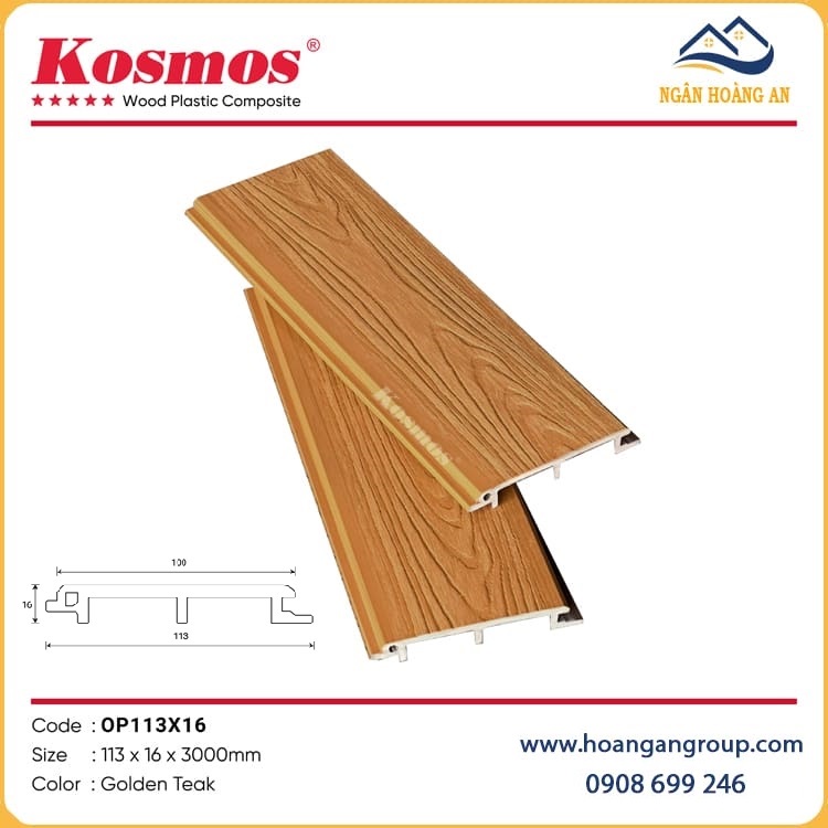 Tấm Ốp Vách Ngoài Trời Phủ ASA Kosmos OP113X16 Golden Teak