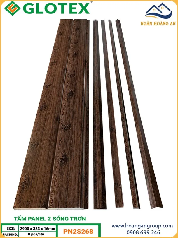 Tấm Panel Ốp Nhà Xưởng Glotex 16mm 2 Sóng PN2S268 Vân Gỗ Óc Chó
