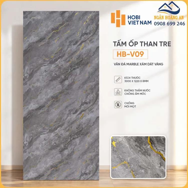 Tấm Than Tre Đa Năng HobiWood HB-V09 Vân Đá Marble Xám Dát Vàng