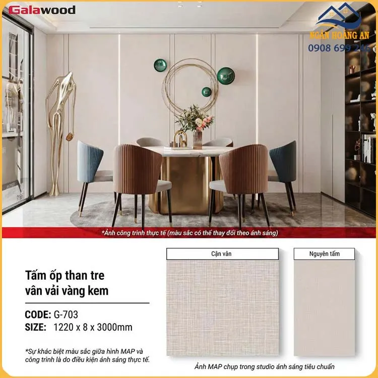 Tấm Ốp Than Tre Galawood G-703 Vân Vải Vàng Kem Ứng Dụng Ra Sao?