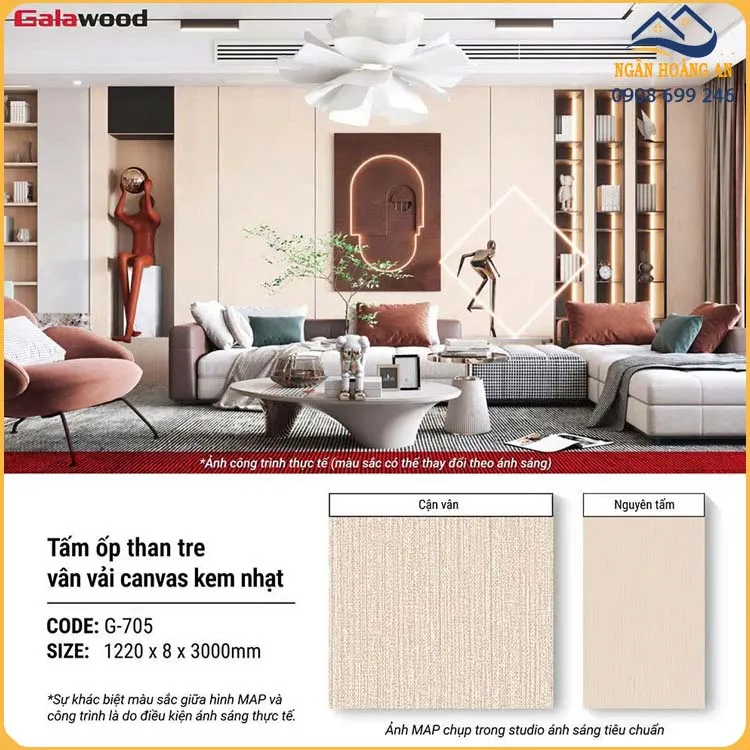 Tấm Ốp Tường Than Tre Galawood 8mm G-705 Vân Vải Canvas Kem Nhạt
