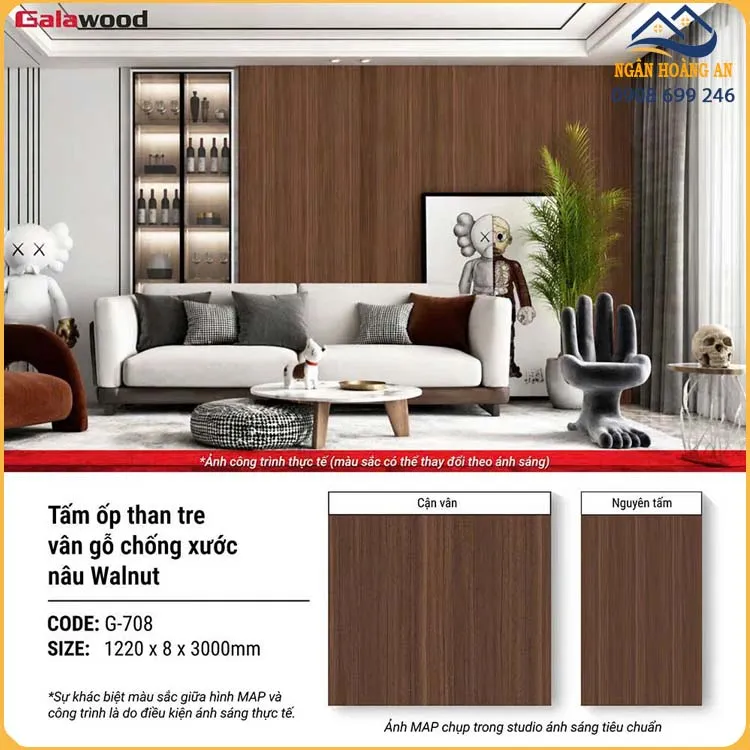Ốp Tường Than Tre Galawood 8mm G-708 Vân Gỗ Chống Xước Nâu Walnut