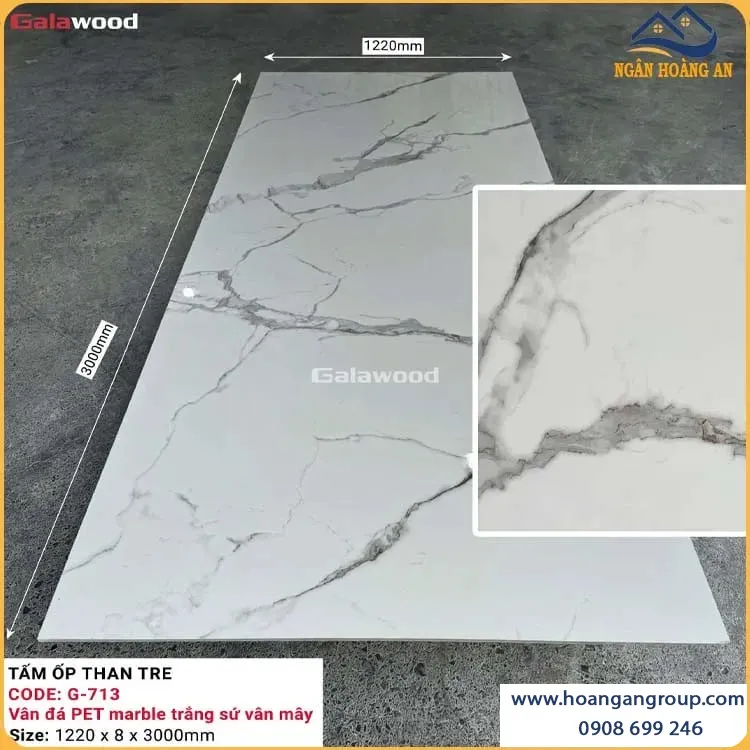 Tấm Ốp Than Tre Galawood 8mm G-713 Vân Đá PET Marble Trắng Sứ Vân Mây