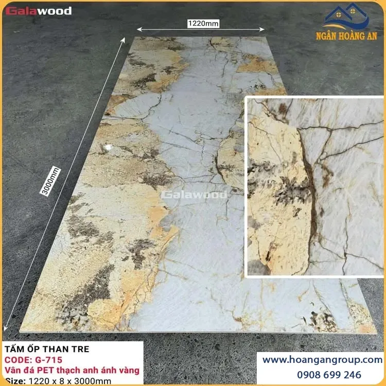 Ốp Tường Than Tre Galawood G-715 Vân Đá PET Thạch Anh Ánh Vàng
