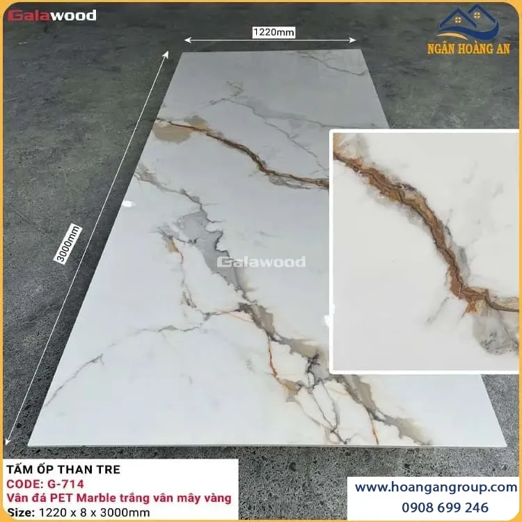 Tấm Ốp Than Tre Galawood Vân Đá Marble Trắng Mây Vàng G-714 Tấm Ốp Than Tre Galawood Vân Đá Marble Trắng Mây Vàng G-714