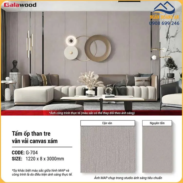 Tấm Ốp Than Tre Galawood Vân Vải Canvas Xám 8mm G-704 Tấm Ốp Than Tre Galawood Vân Vải Canvas Xám 8mm G-704