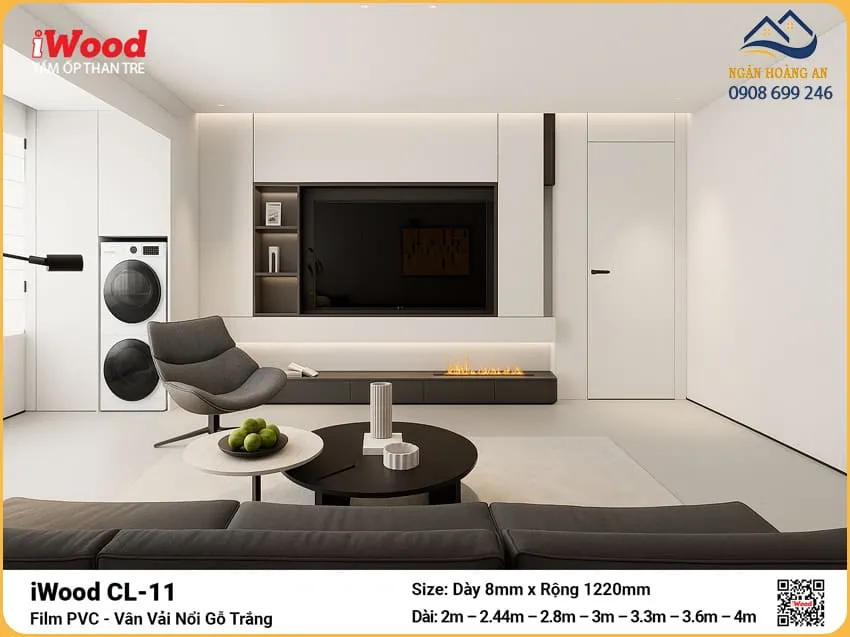Tấm Than Tre iWood CL-11 Vân Vải Nổi Gỗ Trắng Ốp Phòng Khách