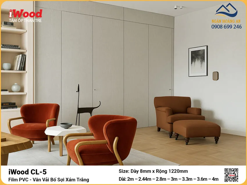 Tấm Than Tre iWood CL-5 Vân Vải Bố Sợi Xám Trắng Cắt Theo Yêu Cầu Tấm Than Tre iWood CL-5 Vân Vải Bố Sợi Xám Trắng Cắt Theo Yêu Cầu