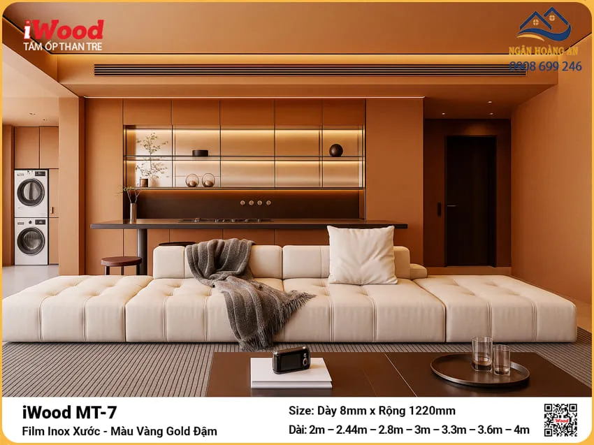 Tấm Than Tre iWood MT-7 Film Inox Xước Vàng Gold Đậm Ốp Nhà Ở Tấm Than Tre iWood MT-7 Film Inox Xước Vàng Gold Đậm Ốp Nhà Ở