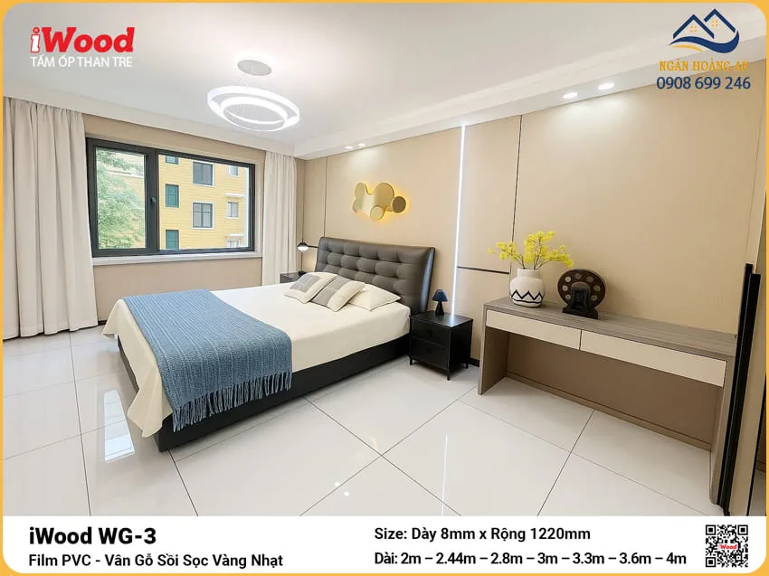 Tấm Than Tre iWood WG-3 Vân Gỗ Vàng Nhạt Trang Trí Phòng Ngủ