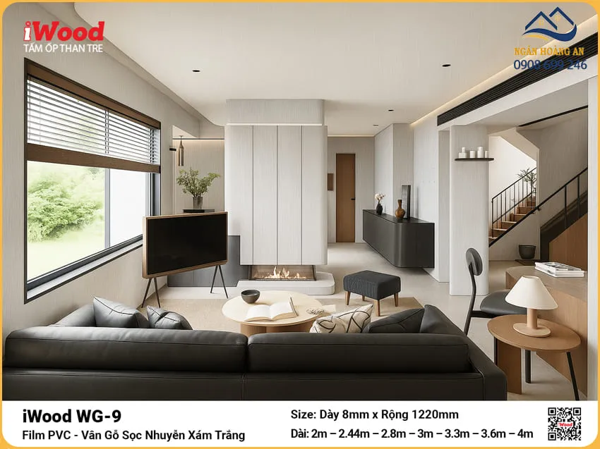 Tấm Than Tre iWood WG-9 Vân Gỗ Trắng Xám Ốp Phòng Khách