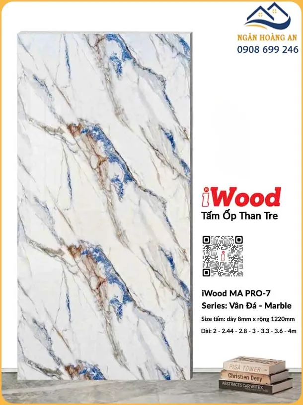 Tấm Than Tre Ốp Trần iWood MA PRO-7 Vân Đá Trắng Xanh Nâu
