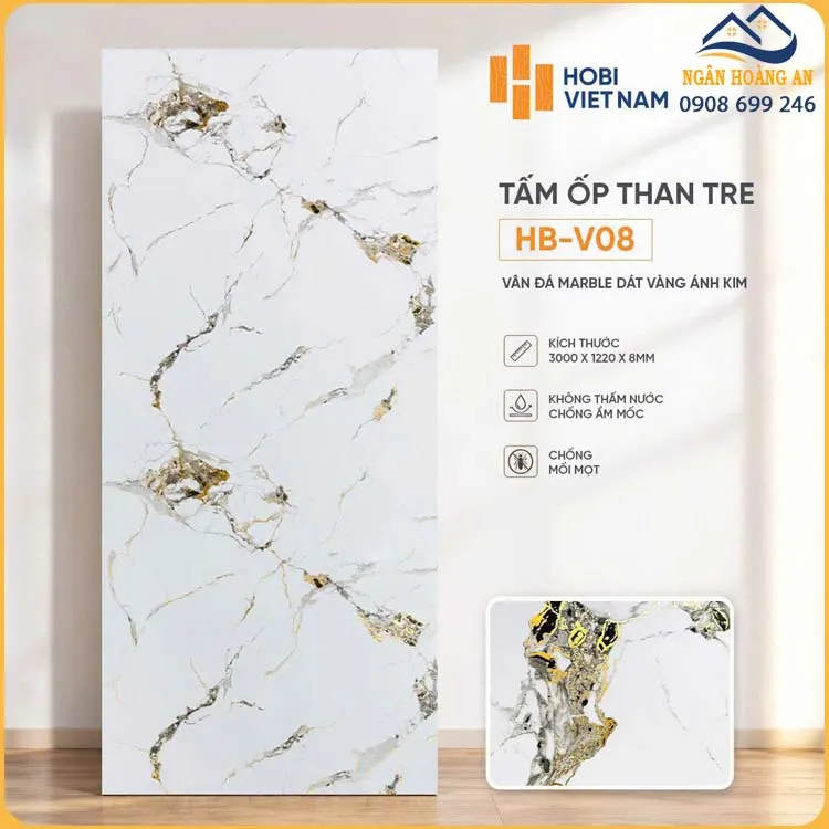 Tấm Than Tre Ốp Tường HobiWood HB-V08 Vân Đá Dát Vàng Ánh Kim