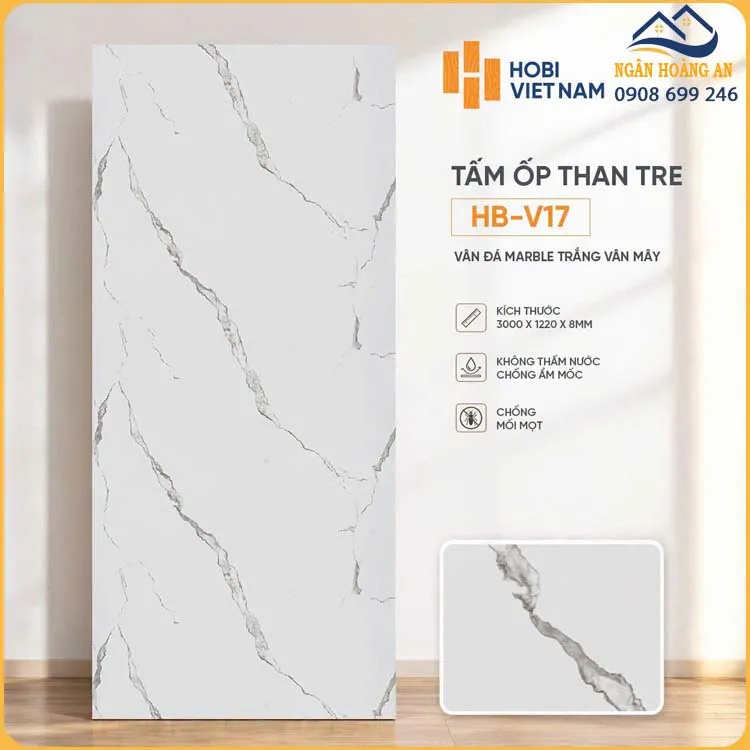 Tấm Than Tre Ốp Tường HobiWood HB-V17 Vân Đá Marble Trắng Vân Mây Tấm Than Tre Ốp Tường HobiWood HB-V17 Vân Đá Marble Trắng Vân Mây