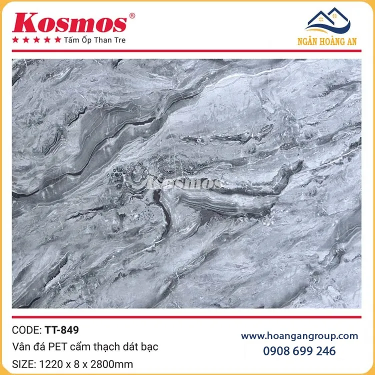 Tấm Ốp Than Tre Vân Đá PET Cẩm Thạch Dát Bạc Kosmos TT-849