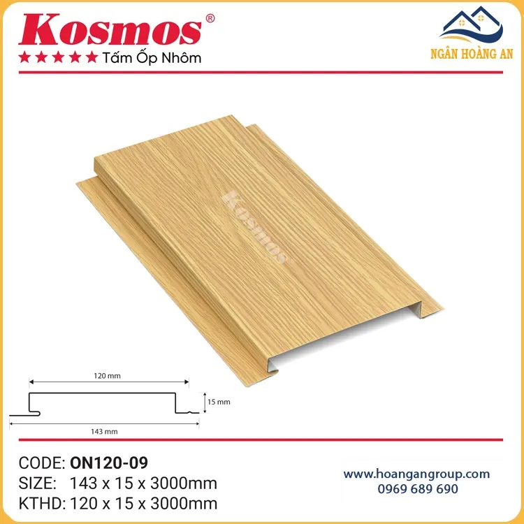 Tấm Trần Nhôm Phẳng Kosmos ON120-09 Vân Gỗ Vàng Sồi Nhạt