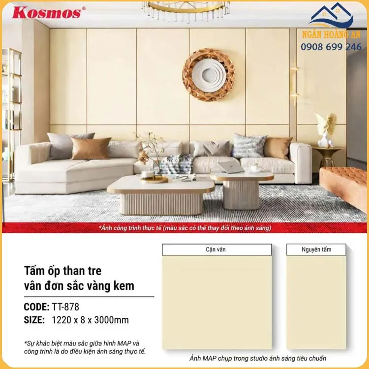 Tấm Ốp Sợi Than Tre Kosmos 8mm TT-878 Đơn Sắc Vàng Kem