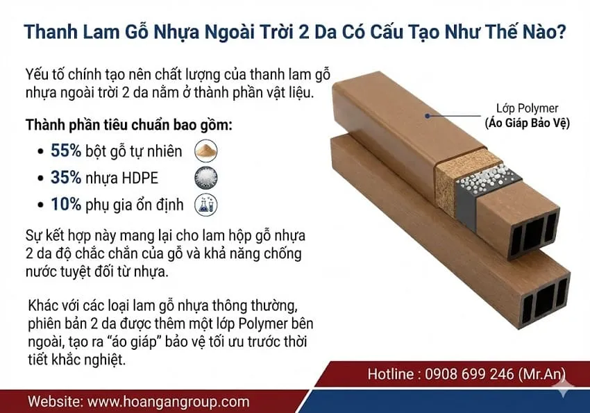 Thanh Lam Gỗ Nhựa Ngoài Trời 2 Da Có Cấu Tạo Như Thế Nào?