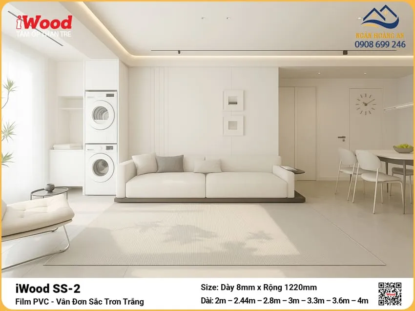Thi Công Tấm Ốp Than Tre iWood SS-2 Đơn Sắc Trắng Ốp Phòng Khách Thi Công Tấm Ốp Than Tre iWood SS-2 Đơn Sắc Trắng Ốp Phòng Khách