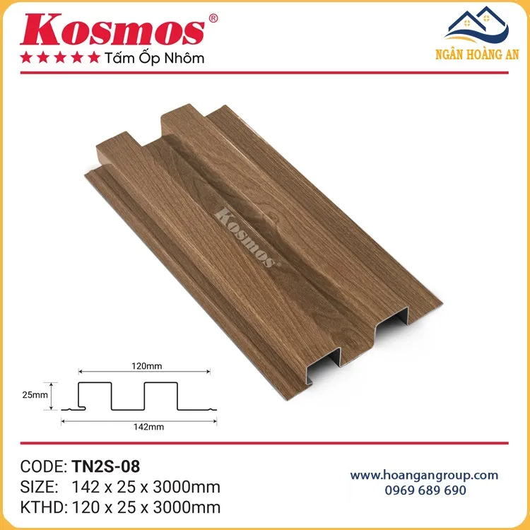 Trần Nhôm Lam 2 Sóng Mái Hiên Kosmos TN2S-08 Vân Gỗ Vàng Nâu
