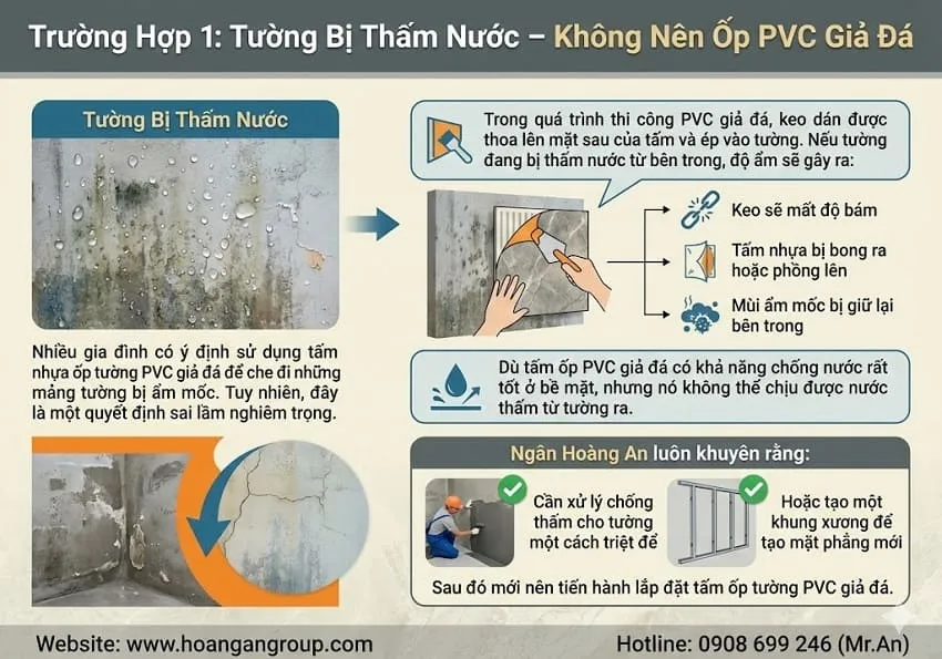 Trường Hợp 1: Tường Bị Thấm Nước – Không Nên Ốp PVC Giả Đá
