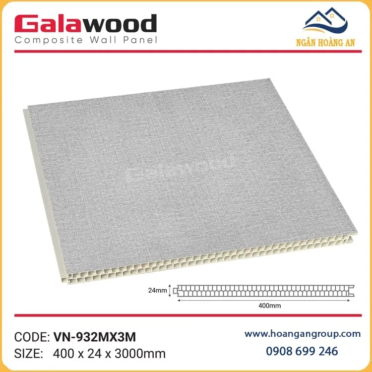 Vách Ngăn Hai Mặt PVC Galawood 24mm VN-932MX3M Vân Vải Xám