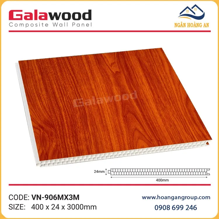 Vách Ngăn Nhựa Hai Mặt Galawood 24mm VN-906MX3M Vân Gỗ Đỏ Căm