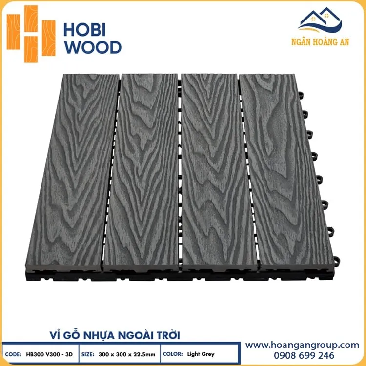 Vỉ Gỗ Nhựa Ngoài Trời Lót Sàn Ban Công Hobiwood Vân 3D-Light Grey