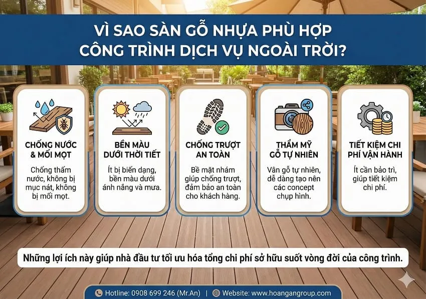 Vì Sao Sàn Gỗ Nhựa Phù Hợp Công Trình Dịch Vụ Ngoài Trời?