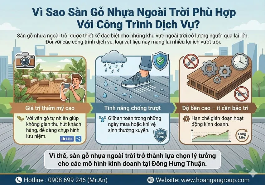 Vì Sao Sàn Gỗ Nhựa Ngoài Trời Phù Hợp Với Công Trình Dịch Vụ?